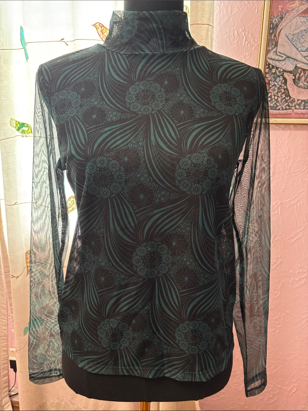 Anthropologie Black Sheer Mock Neck Long Sleeve Top with Teal Floral Swirl